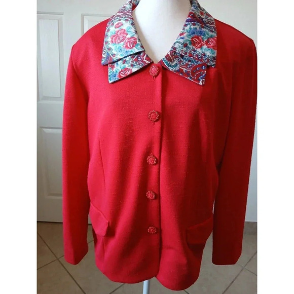 VINTAGE 80s Pablo Collection Red Floral Collar Blazer Jacket Women's 16P Petite - Picture 1 of 15